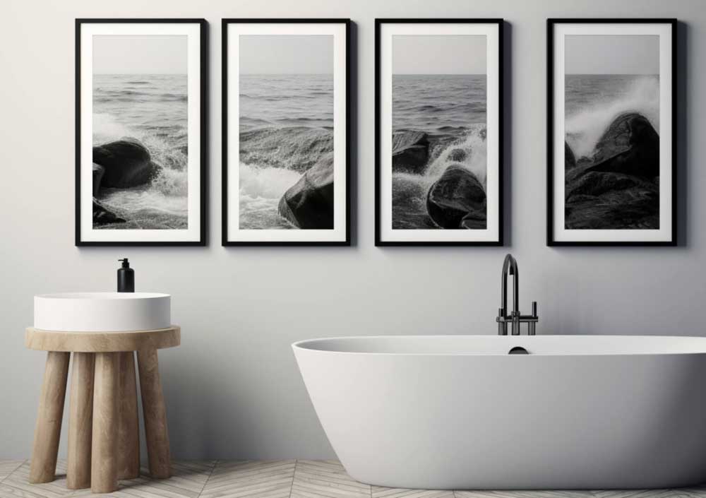 black and white wall art prints in bathroom