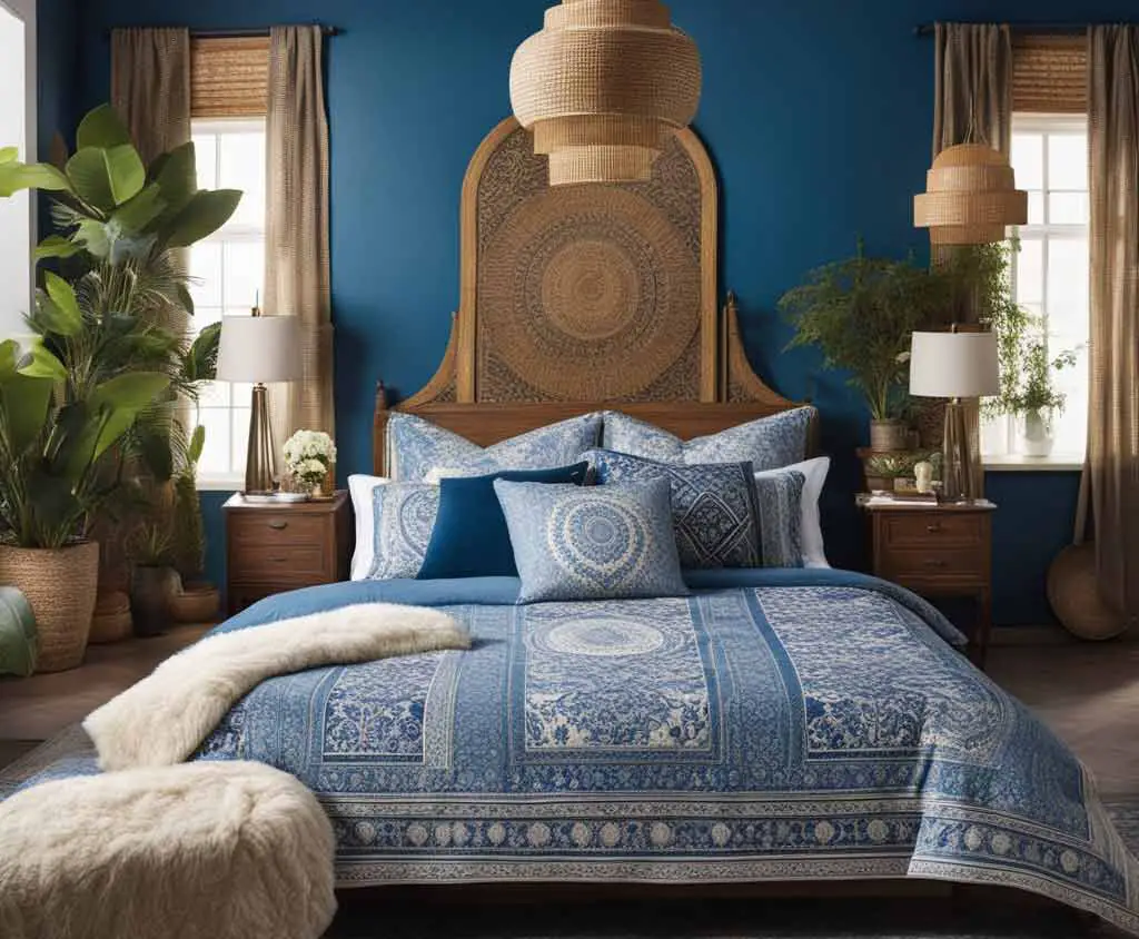 Blue and White Eclectic Bohemian Bedroom