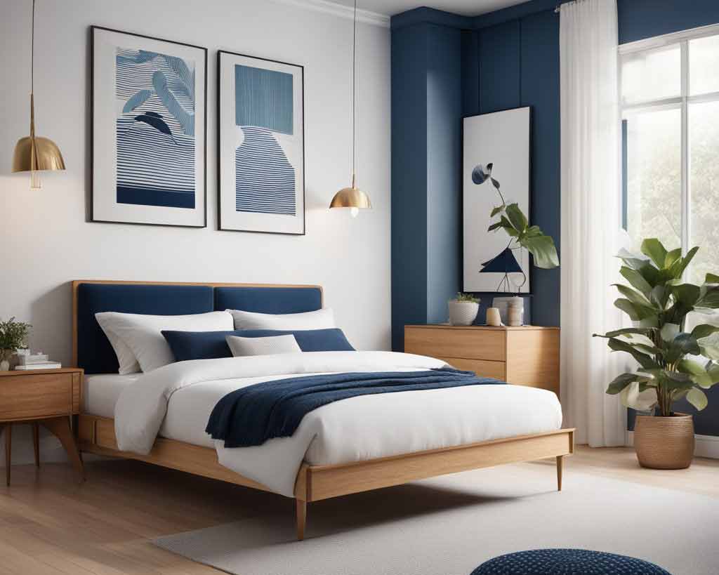 Blue and White Mid-Century Modern Bedroom