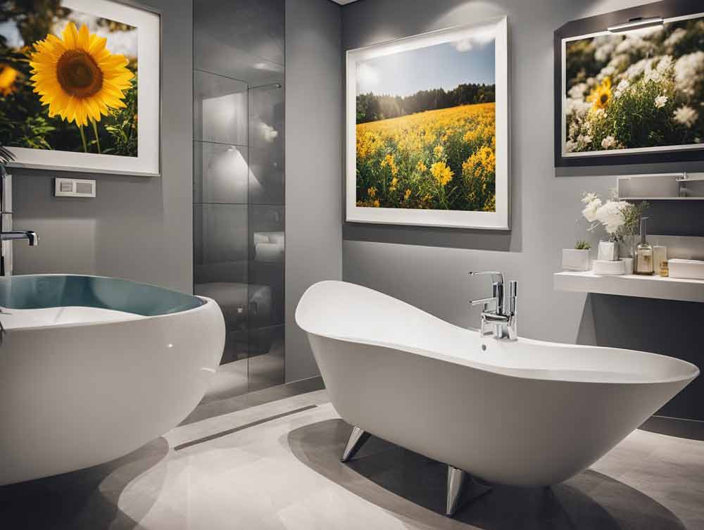 bright framed prints in bathroom