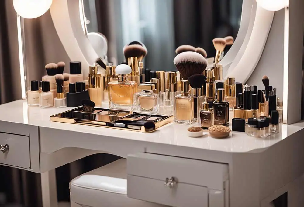 close up of dressing table with makeup on top