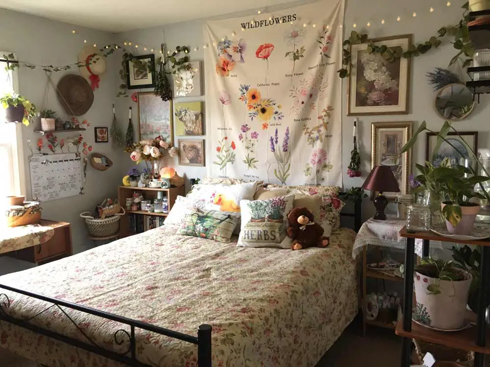 cluttered floral grandma core bedroom