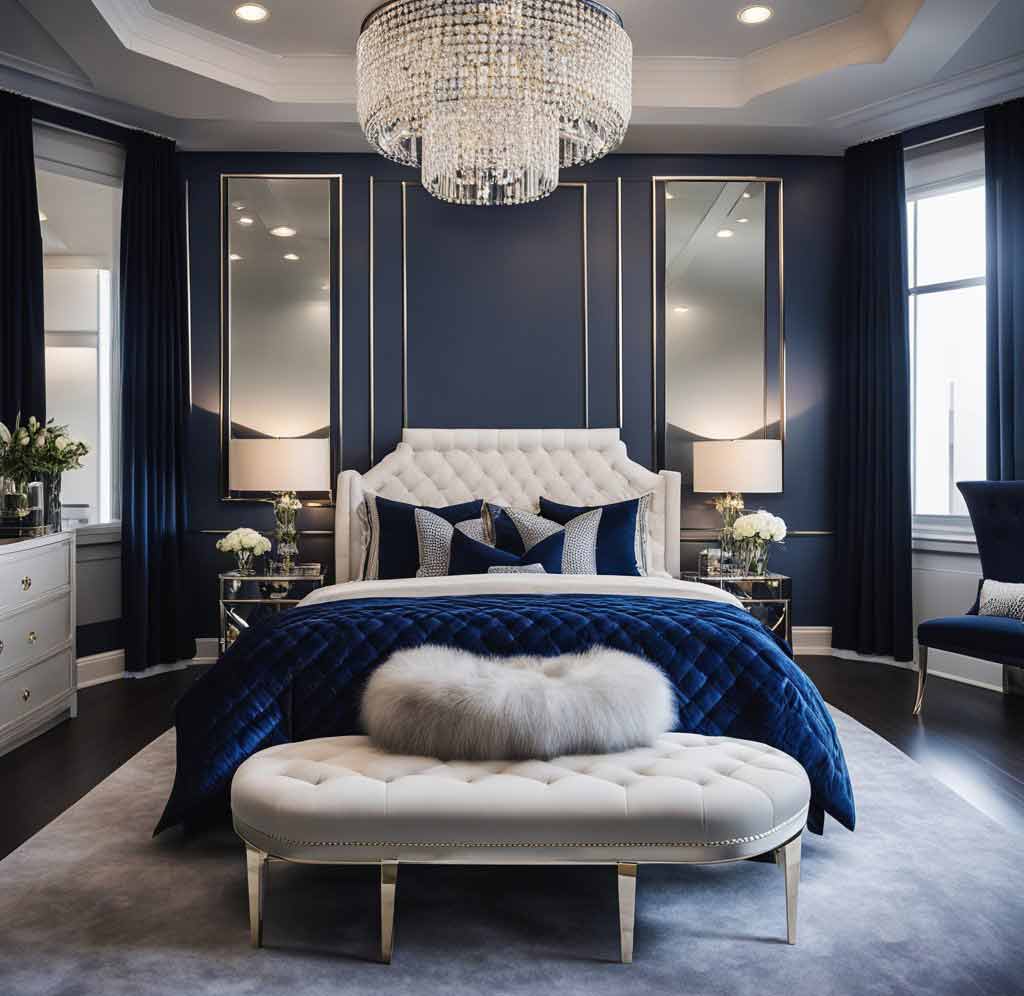 Contemporary Glam Blue and White Bedroom