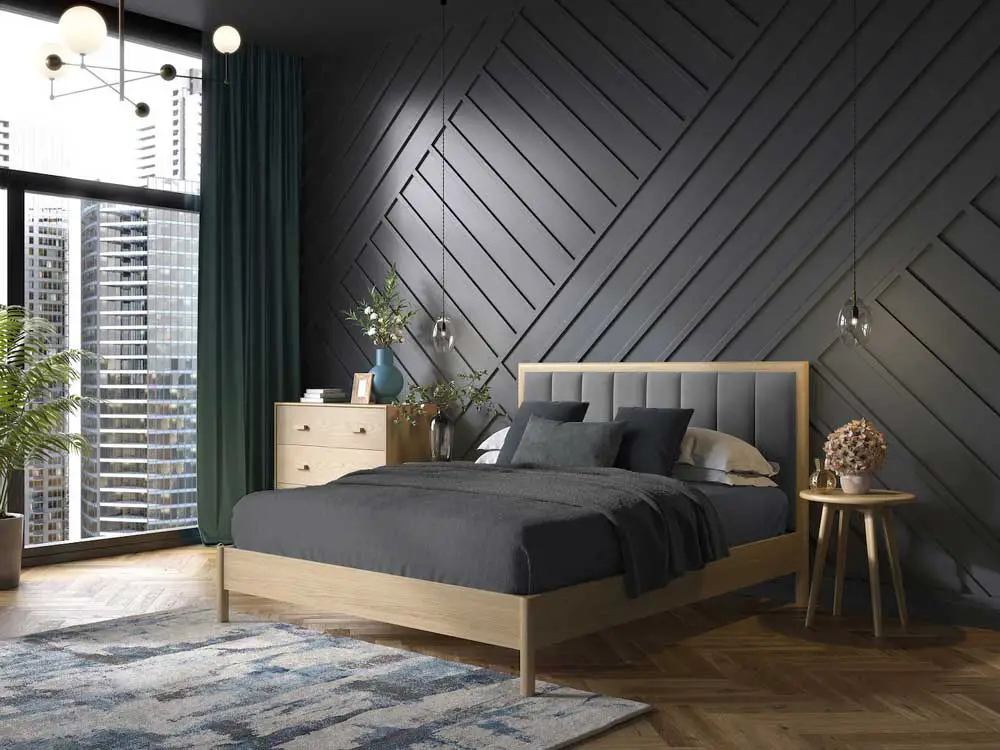 dark grey diagonally panelled bedroom wall