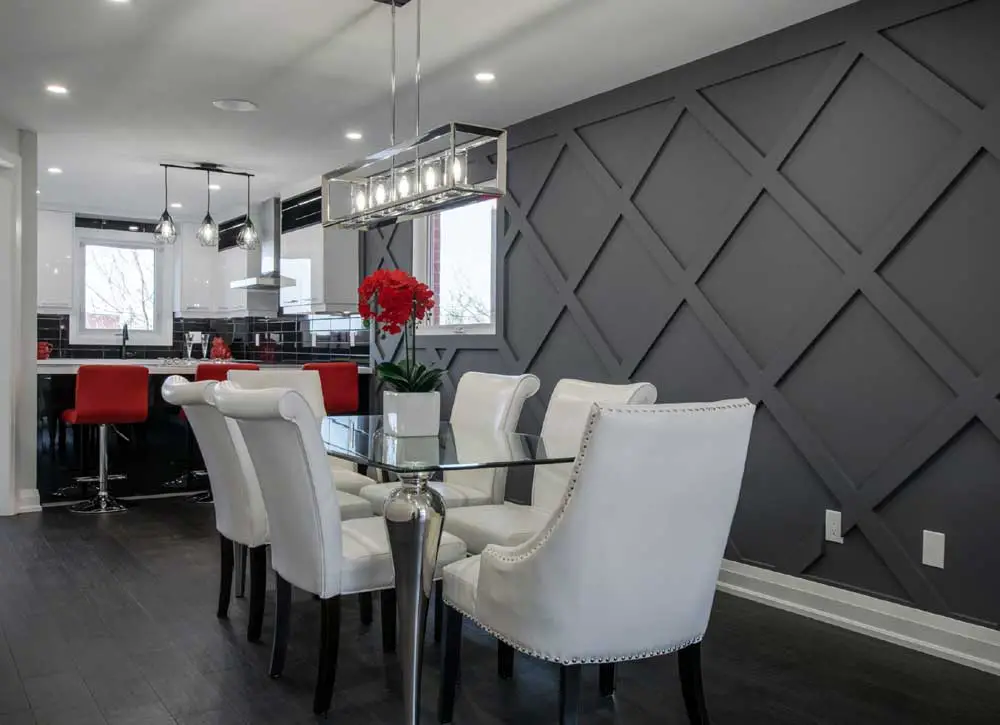 dark grey diamond panelled kitchen feature wall