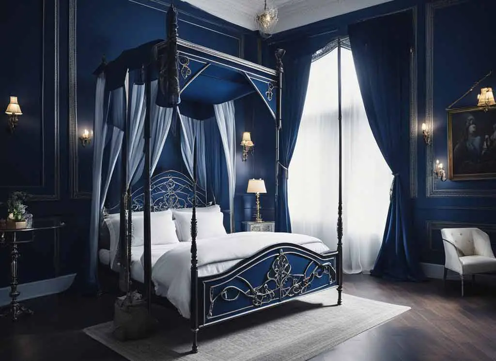 Gothic-Inspired Navy Blue and White Bedroom