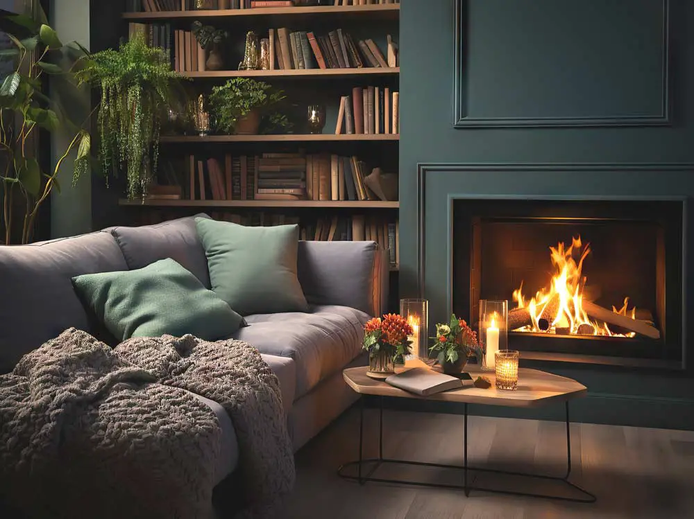 green and grey living room with lit fire