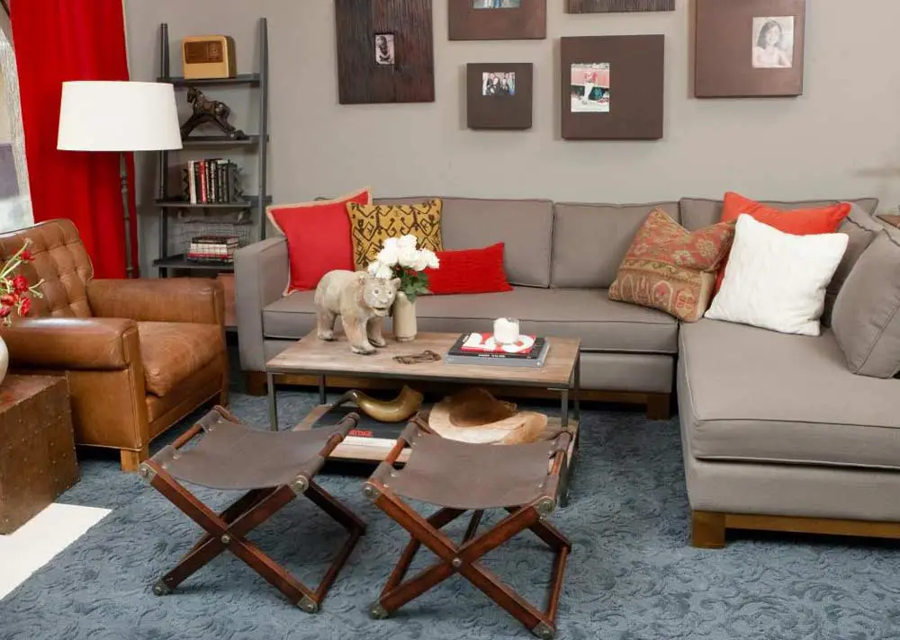 grey and red living room