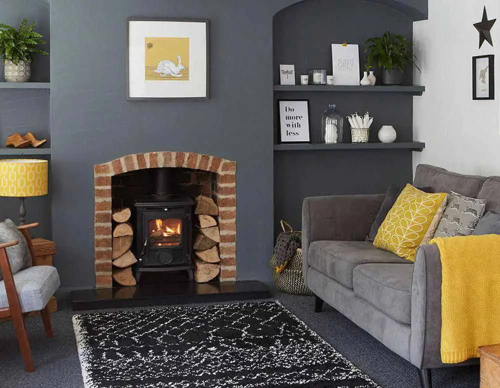 bluish grey living room with yellow accents