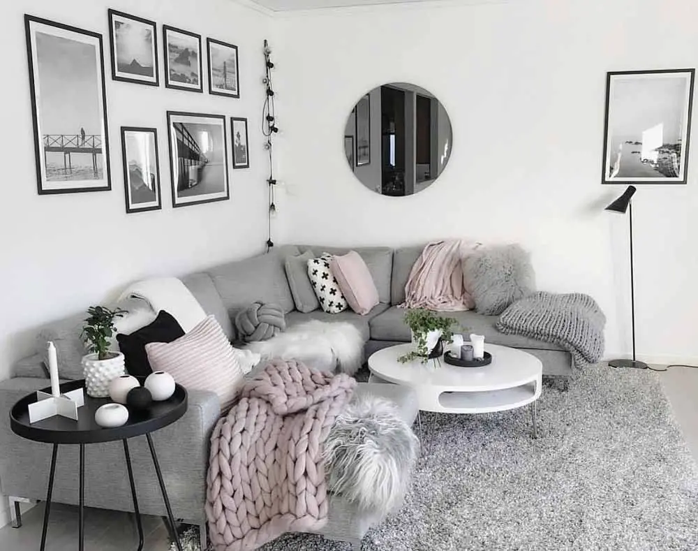 grey white and pink modern living room