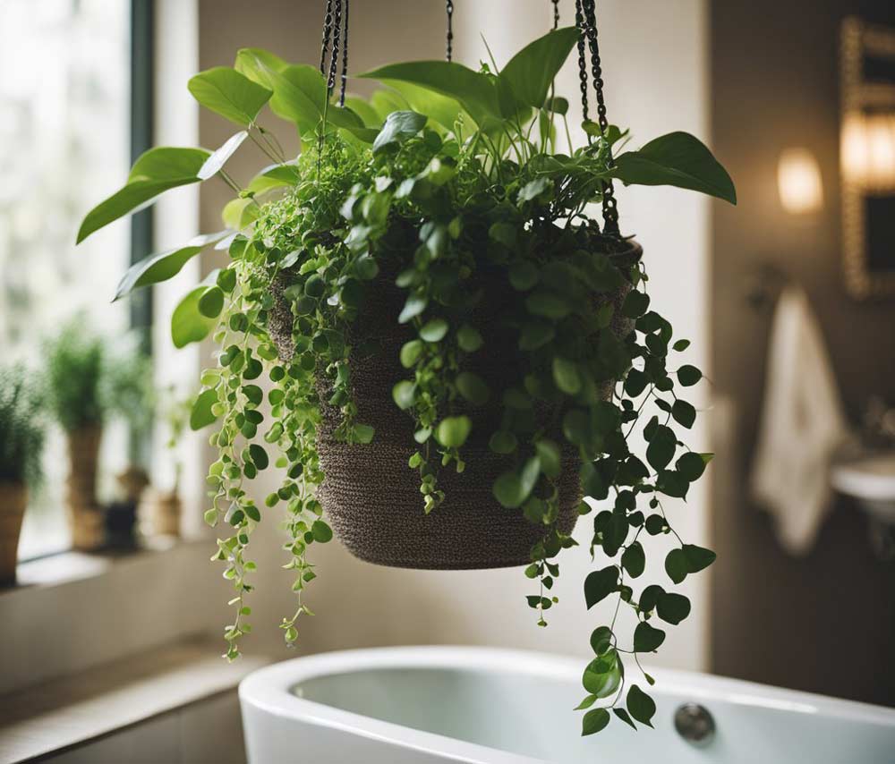 hanging planter in bathroom