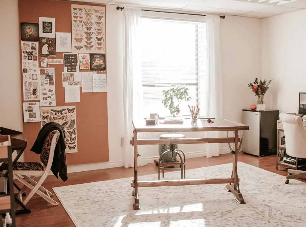 home office with corkboard wall