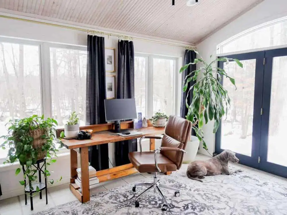 home office with rug and curtains