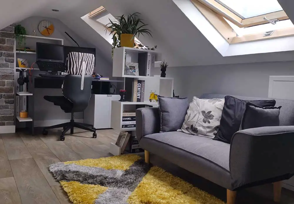 loft office with skylights