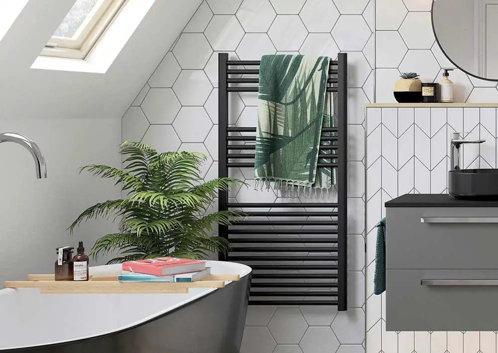 modern black towel radiator in bathroom