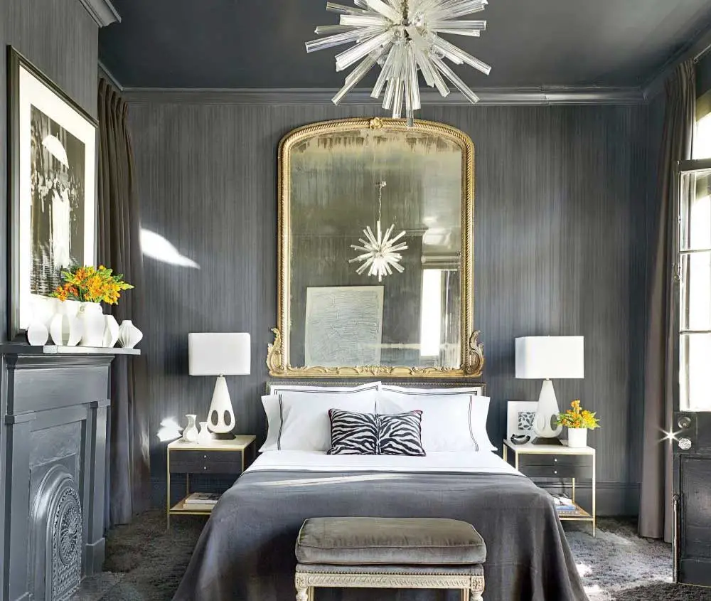 Gray white and store gold bedroom
