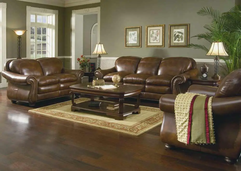 olive-green-walls-brown-leather-couch