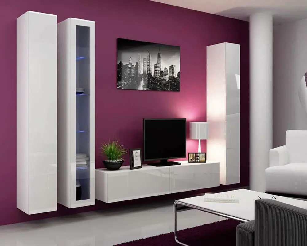 purple-tv-wall-with-white-gloss-units