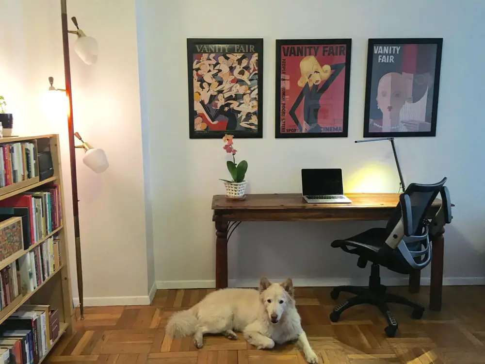 small office space with unique wall prints