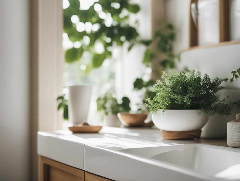 soft and serene bathroom decor with wood and greenery