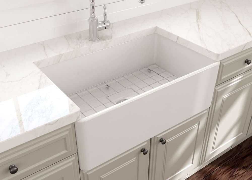 white farmhouse apron sink in kitchen