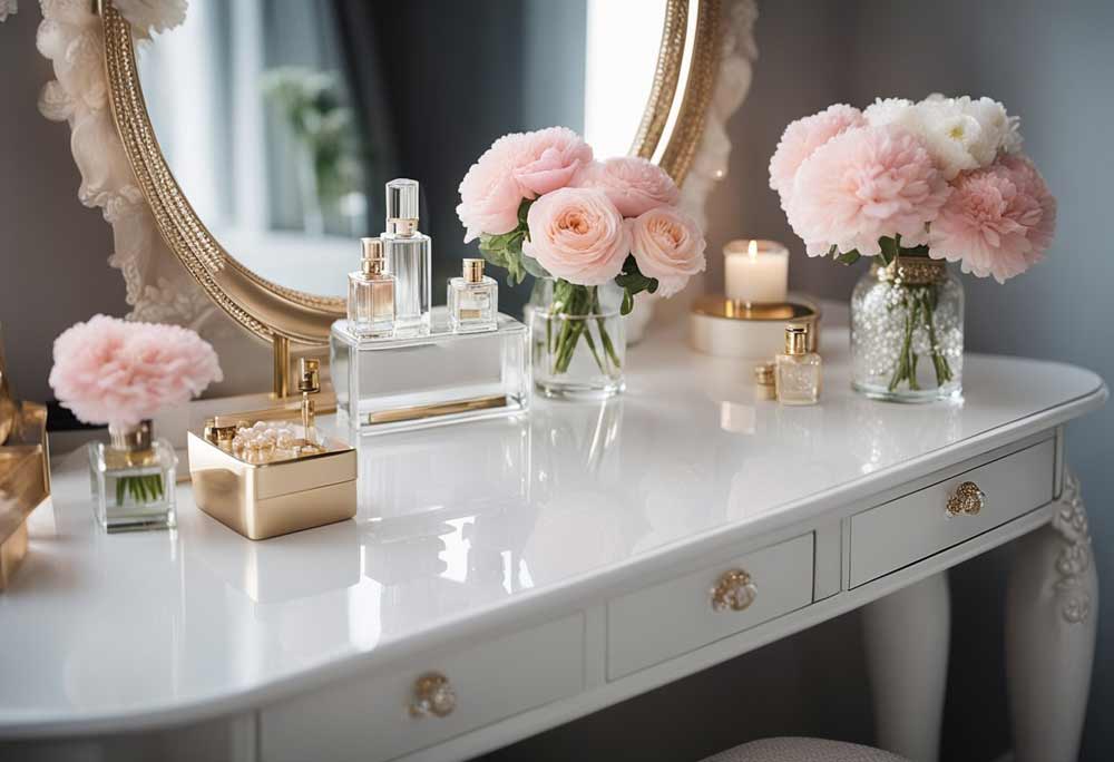 white french style dressing table pretty pink flowers