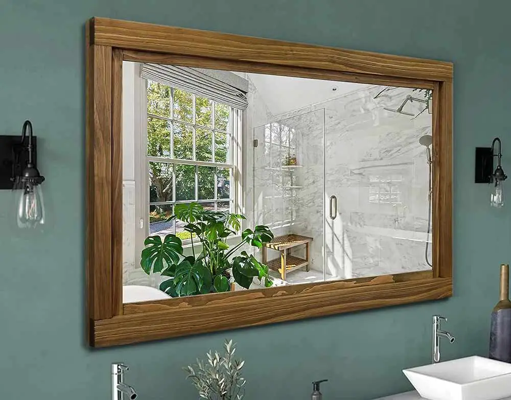 wood wall mirror in bathroom