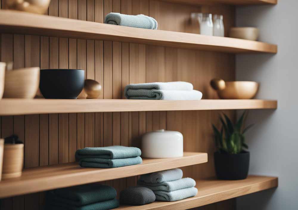 wooden floating shelves in bathroom